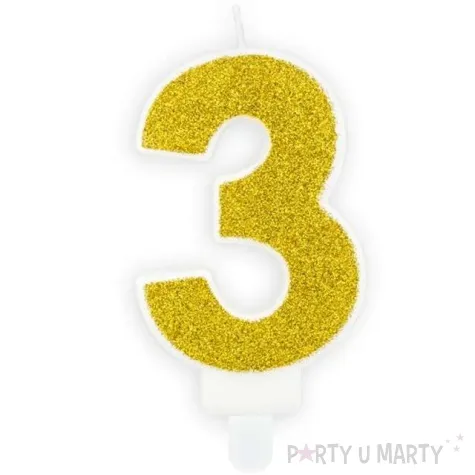 swieczka na tort cyfra 3 zlota brokatowa partydeco 7 cm