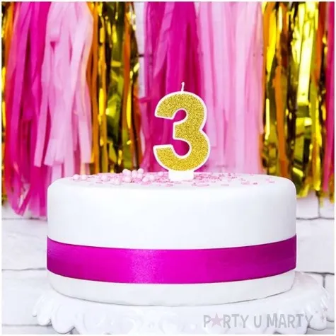 swieczka na tort cyfra 3 zlota brokatowa partydeco 7 cm