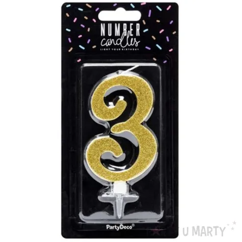swieczka na tort cyfra 3 zlota partydeco 1 szt