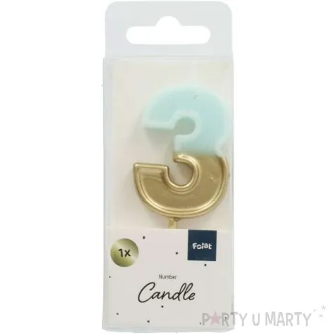 swieczka na tort cyfra 3 zloto niebieska folat 5 cm