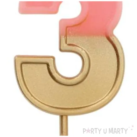 swieczka na tort cyfra 3 zloto rozowa folat 5 cm