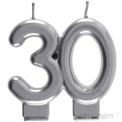swieczka na tort cyfra 30 srebrna santex 9 cm