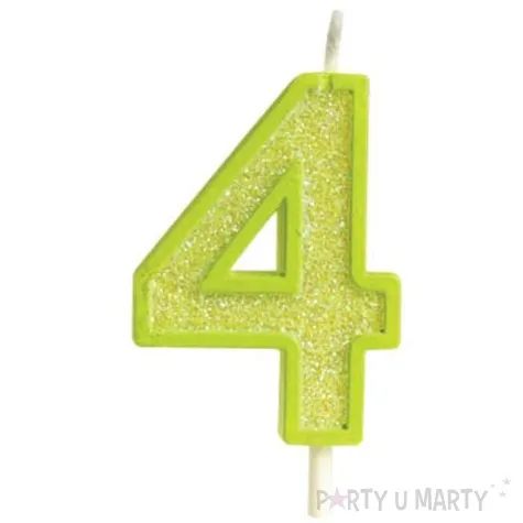 swieczka na tort cyfra 4 brokat zielona guirca 4 cm