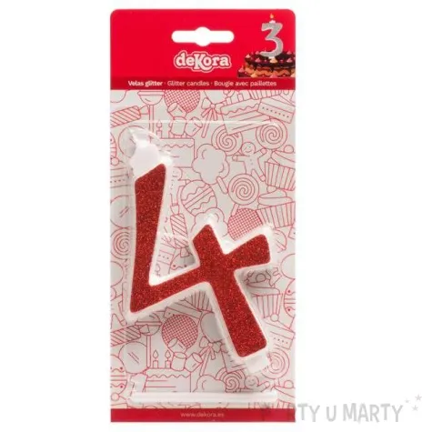 swieczka na tort cyfra 4 czerwona brokatowa dekora