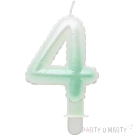swieczka na tort cyfra 4 wypustki ombre bialo zielona perlowa godan 7 cm
