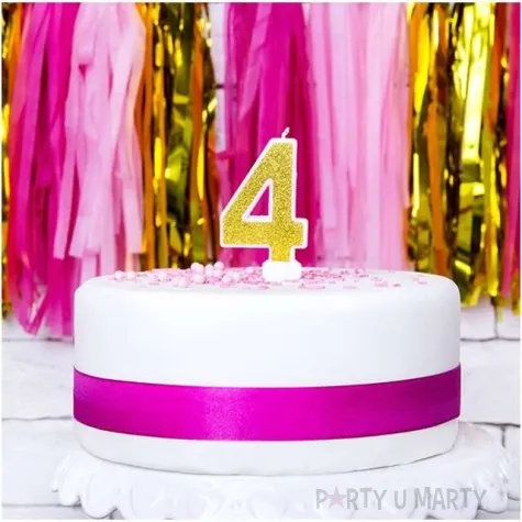 swieczka na tort cyfra 4 zlota brokatowa partydeco 7 cm