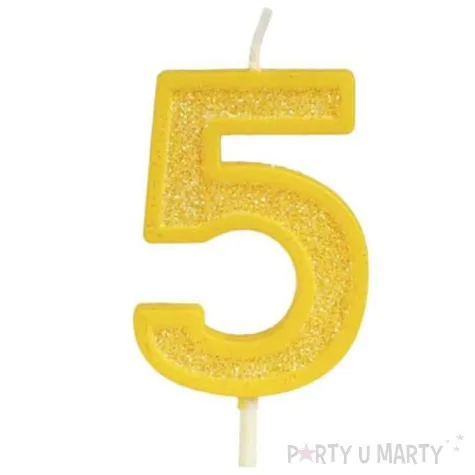 swieczka na tort cyfra 5 brokat zolta guirca 4 cm