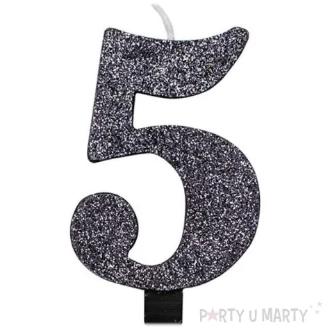 swieczka na tort cyfra 5 czarna brokatowa givi 9 5 cm