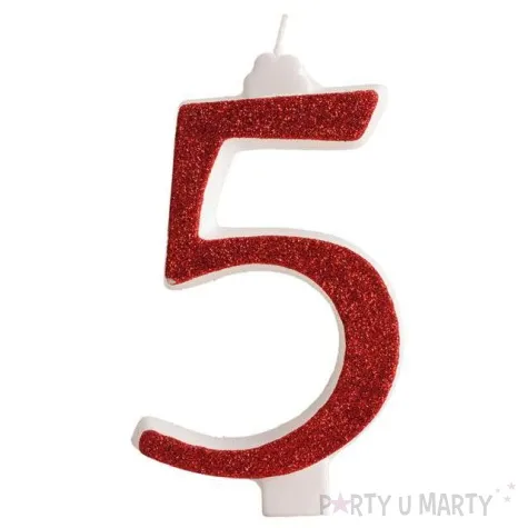 swieczka na tort cyfra 5 czerwona brokatowa dekora