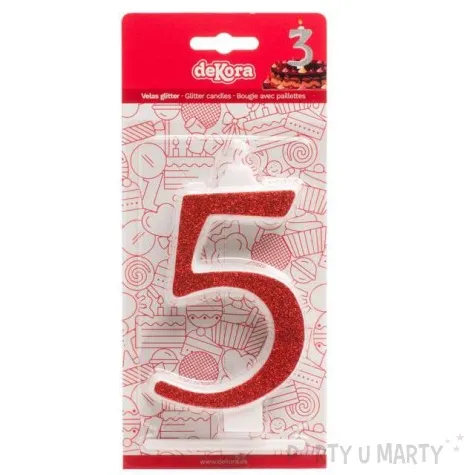 swieczka na tort cyfra 5 czerwona brokatowa dekora
