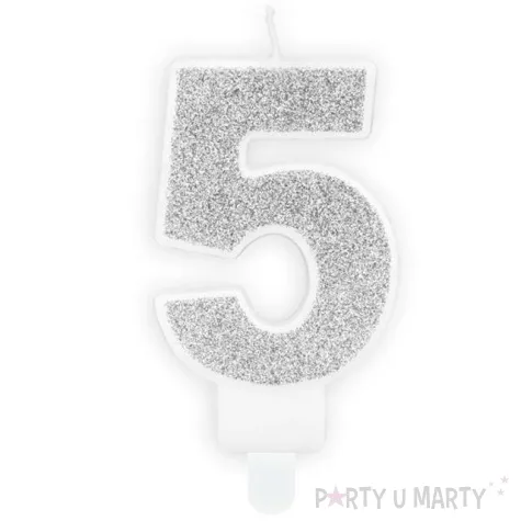 swieczka na tort cyfra 5 srebrna brokatowa partydeco 7 cm