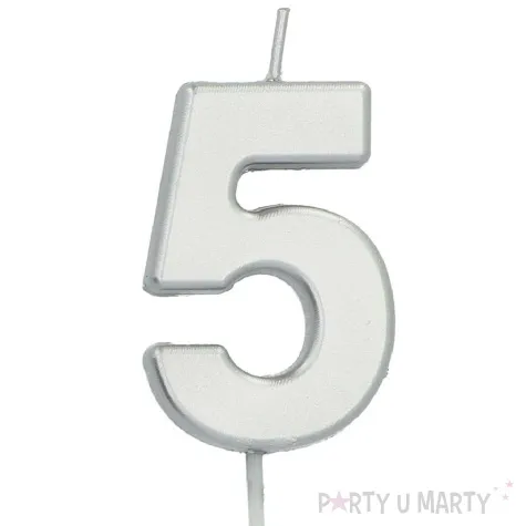 swieczka na tort cyfra 5 srebrna folat 8 cm