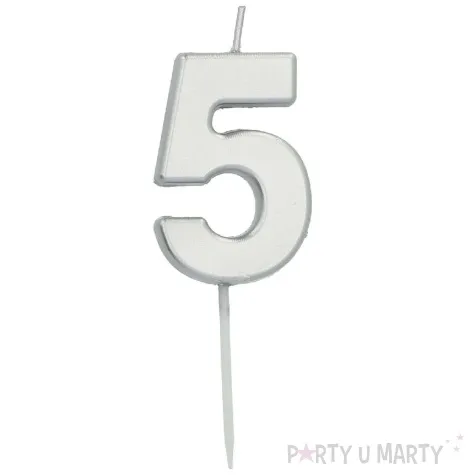 swieczka na tort cyfra 5 srebrna folat 8 cm