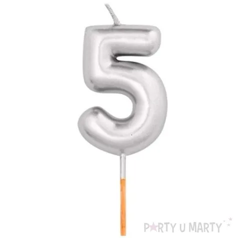 swieczka na tort cyfra 5 srebrny metalik givi 8 cm