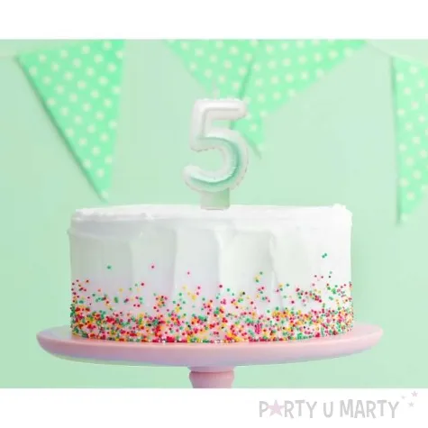 swieczka na tort cyfra 5 wypustki ombre bialo zielona perlowa godan 7 cm