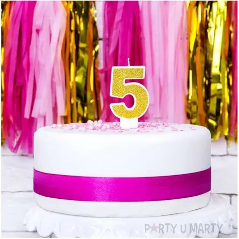 swieczka na tort cyfra 5 zlota brokatowa partydeco 7 cm