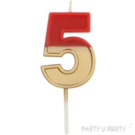 swieczka na tort cyfra 5 zloto czerwona folat 5 cm