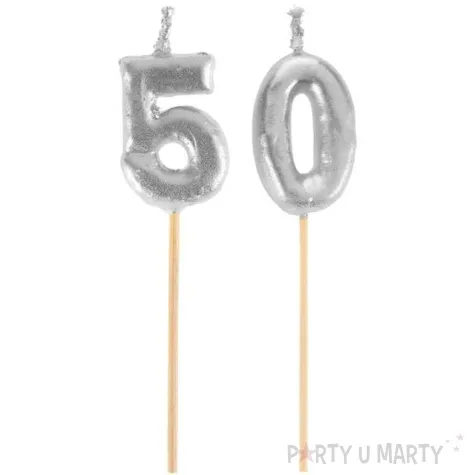 swieczka na tort cyfra 50 srebrna santex 8 cm