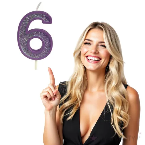 swieczka na tort cyfra 6 brokat fioletowa guirca 4 cm