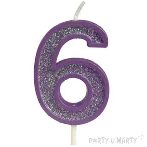 swieczka na tort cyfra 6 brokat fioletowa guirca 4 cm