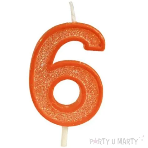 swieczka na tort cyfra 6 brokat pomaranczowa guirca 4 cm