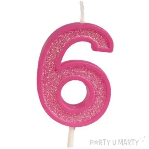 swieczka na tort cyfra 6 brokat rozowa guirca 4 cm