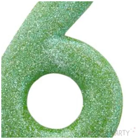 swieczka na tort cyfra 6 brokatowa zielona amscan