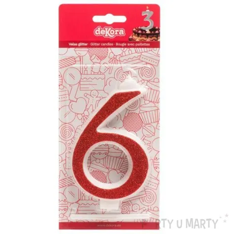 swieczka na tort cyfra 6 czerwona brokatowa dekora