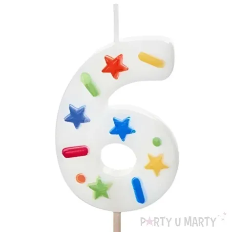 swieczka na tort cyfra 6 konfetti bialy partydeco 10 cm