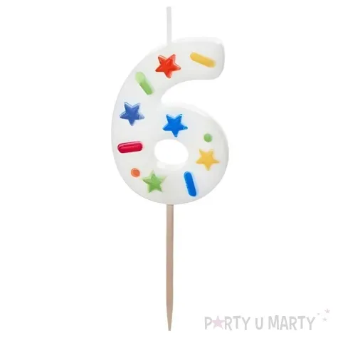 swieczka na tort cyfra 6 konfetti bialy partydeco 10 cm