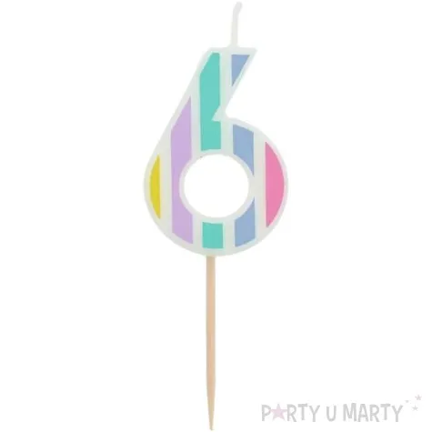 swieczka na tort cyfra 6 pastelowe paski mix folat 5 cm