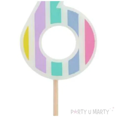 swieczka na tort cyfra 6 pastelowe paski mix folat 5 cm