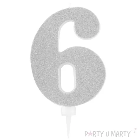 swieczka na tort cyfra 6 srebrna brokatowa givi 15 5 cm