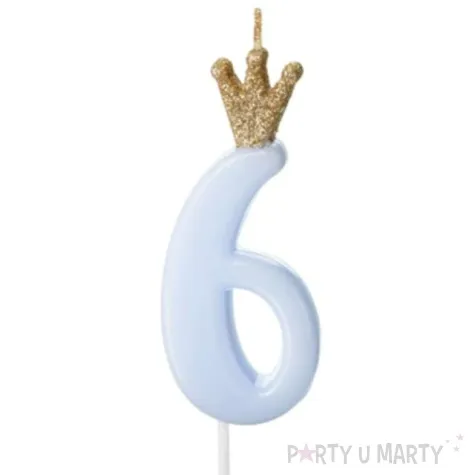 swieczka na tort cyfra 6 w koronie blekitna partydeco 9 5 cm
