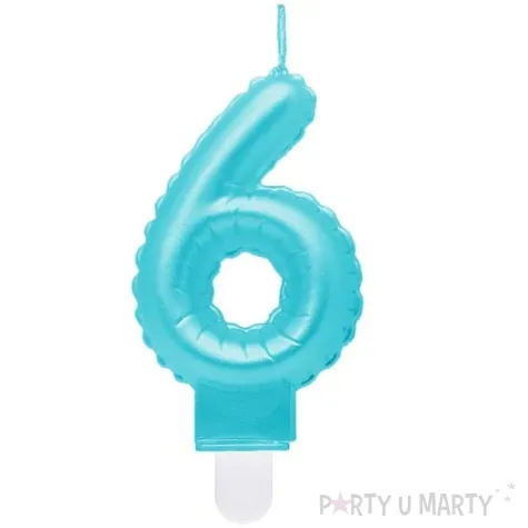 swieczka na tort cyfra 6 wypustki niebieska jasna perlowa godan 7 cm