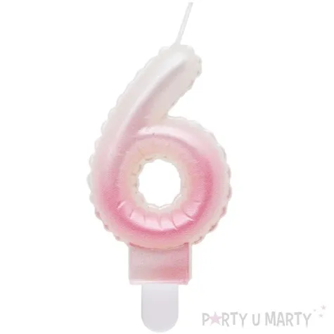 swieczka na tort cyfra 6 wypustki ombre bialo rozowa perlowa godan 7 cm