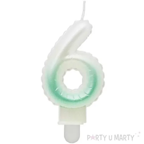 swieczka na tort cyfra 6 wypustki ombre bialo zielona perlowa godan 7 cm