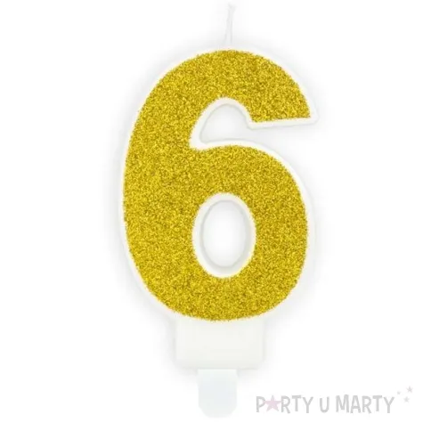 swieczka na tort cyfra 6 zlota brokatowa partydeco 7 cm