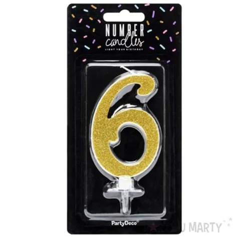 swieczka na tort cyfra 6 zlota partydeco 1 szt