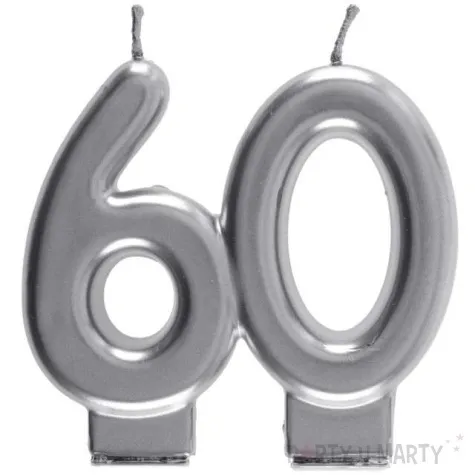 swieczka na tort cyfra 60 srebrna santex 9 cm