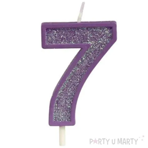 swieczka na tort cyfra 7 brokat fioletowa guirca 4 cm