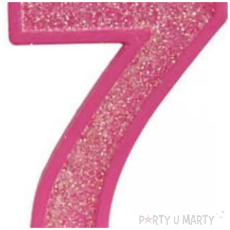 swieczka na tort cyfra 7 brokat rozowa guirca 4 cm