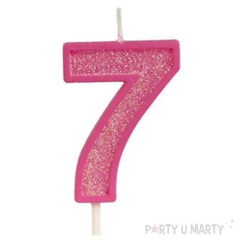 swieczka na tort cyfra 7 brokat rozowa guirca 4 cm
