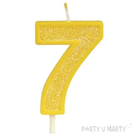 swieczka na tort cyfra 7 brokat zolta guirca 4 cm