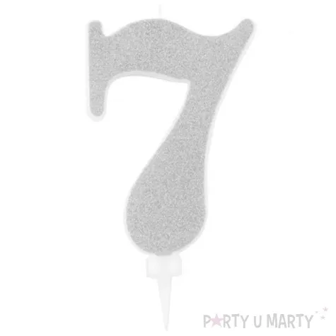 swieczka na tort cyfra 7 srebrna brokatowa givi 15 5 cm