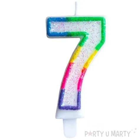 swieczka na tort cyfra 7 teczowa brokatowa kraszek 7 cm