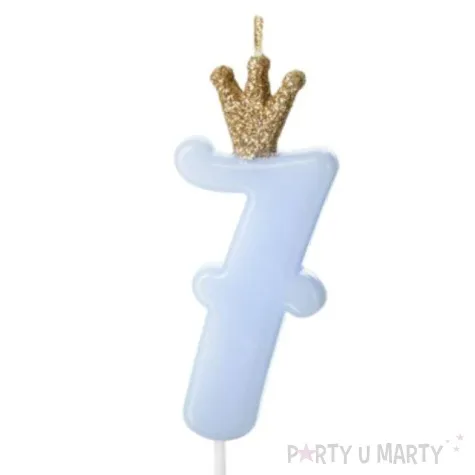 swieczka na tort cyfra 7 w koronie blekitna partydeco 9 5 cm