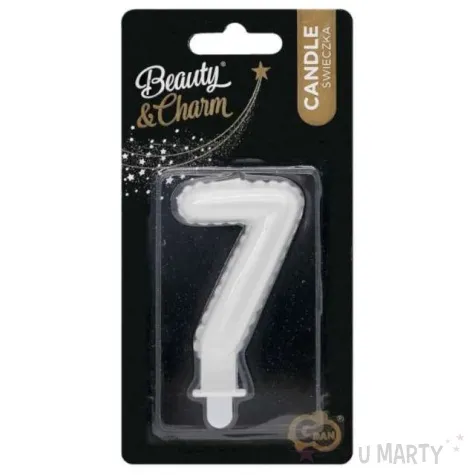 swieczka na tort cyfra 7 wypustki biala perlowa godan 7 cm