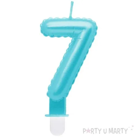 swieczka na tort cyfra 7 wypustki niebieska jasna perlowa godan 7 cm