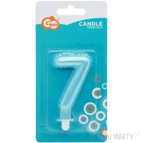 swieczka na tort cyfra 7 wypustki niebieska jasna perlowa godan 7 cm